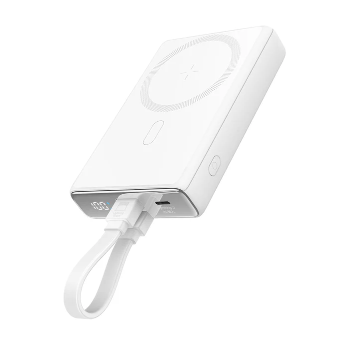 20W Magnetic Wireless Power Bank with Built-in Cable&Kickstand 10000mAh,White Color